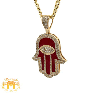 14k Yellow Gold and Diamond Hamsa Pendant and Yellow Gold Cuban Link Chain (choose your color)