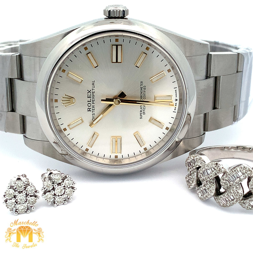 4 piece deal: 41mm Men`s Rolex Watch with Stainless Steel Oyster Band + 14k White Gold Ring + Complimentary Diamond Earrings + Gift from Marchello the Jeweler