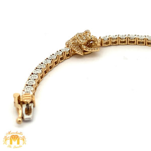 Yellow Gold and Diamond Three Flowers Tennis Bracelet with Round and Baguette diamonds