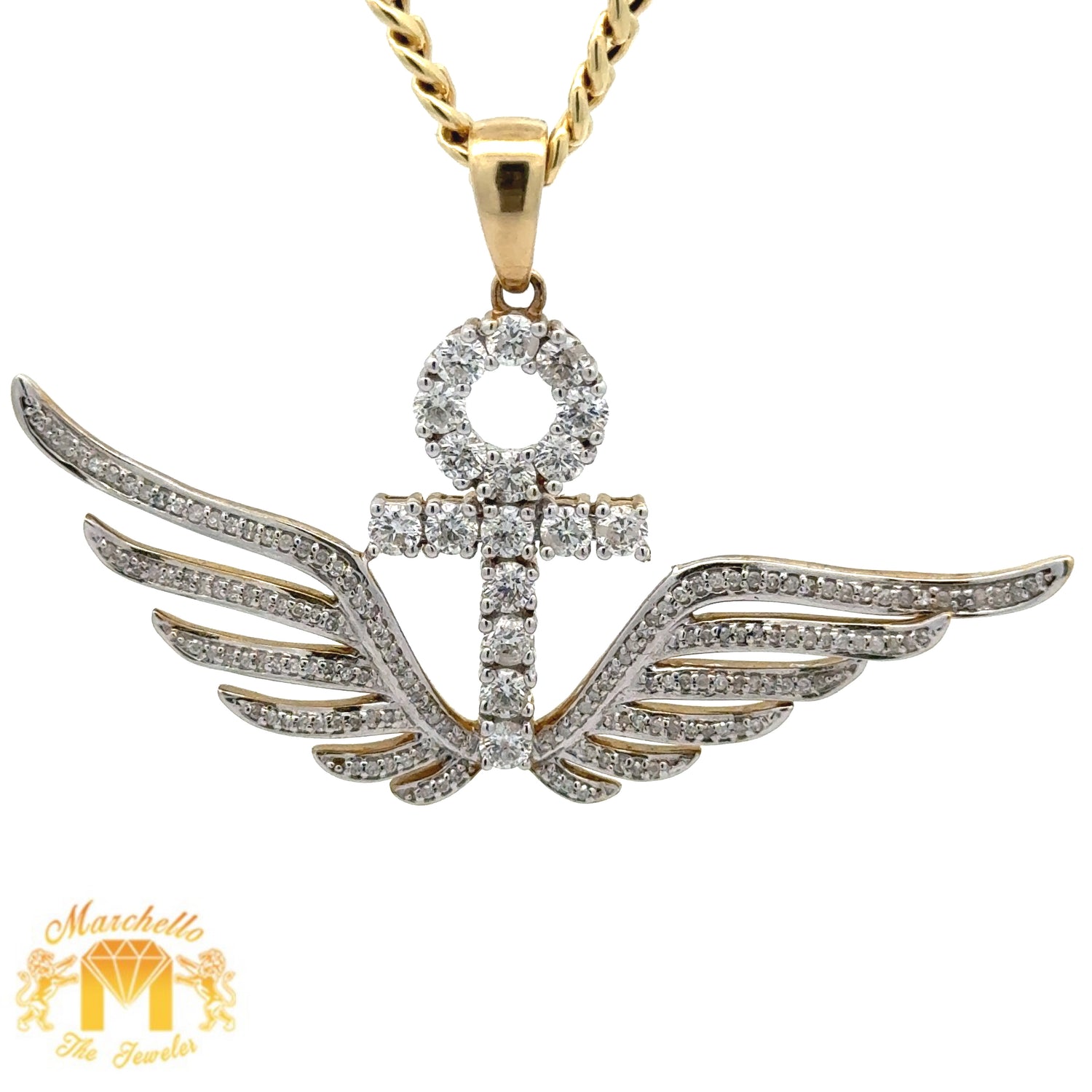 14k Gold and Diamond Ankh Pendant with Round Diamonds and Gold Cuban Link Chain Set