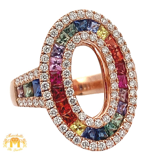 18k Solid Rose Gold and VS clarity & EF color diamonds Oval Shaped Ring with Multicolored Sapphires