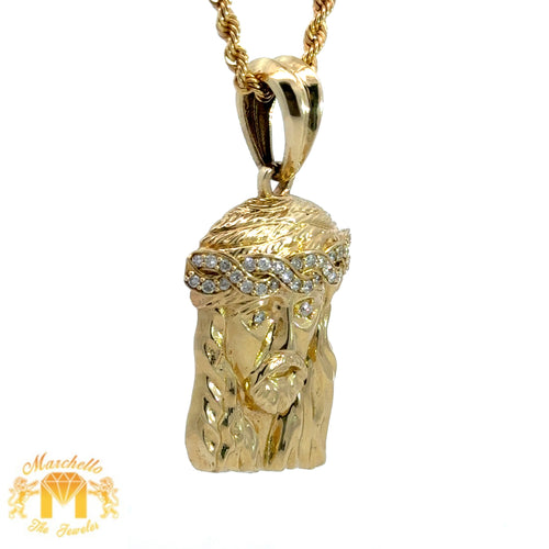 14k Yellow Gold and Diamond Jesus Head Pendant and 14k Yellow Gold Rope Chain Set