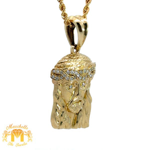 14k Yellow Gold and Diamond Jesus Head Pendant and 14k Yellow Gold Rope Chain Set
