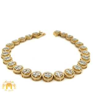 Gold and Diamond Round shaped Fancy Link Bracelet with Baguette and Round Diamonds