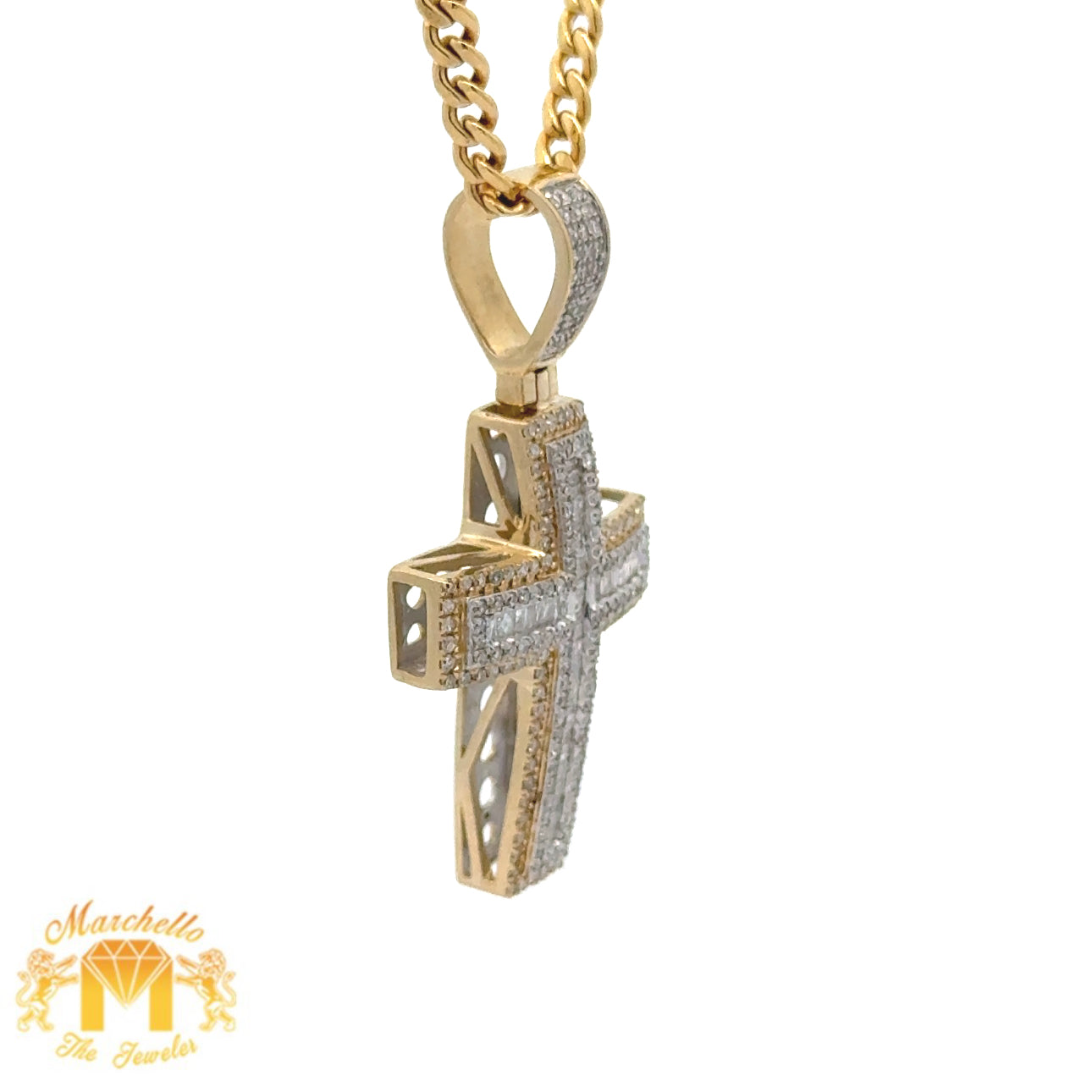 14k Yellow Gold and Diamond Cross Pendant and 14k Yellow Gold Cuban Link Chain Set