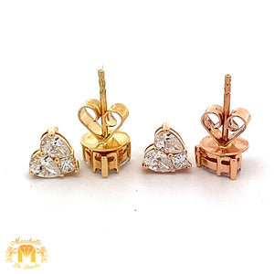 18k Gold and Diamond Heart Earrings with Princess Cut and Pear Diamonds combination