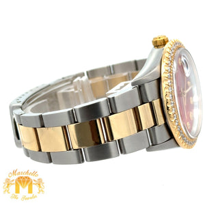 34mm Rolex Diamond Watch with Two-Tone Oyster Bracelet (diamond red mother of pearl dial, diamond bezel)