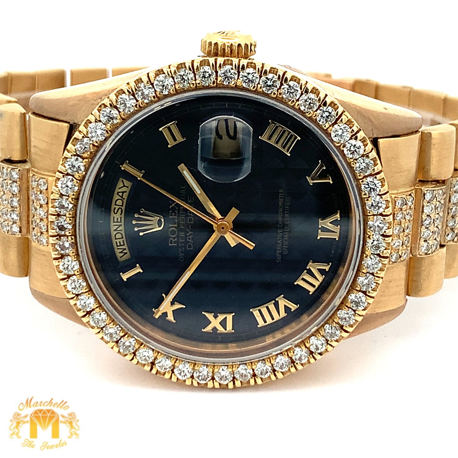 36mm 18k Yellow Gold Rolex Day-Date Diamond Watch (black dial, quick-set)