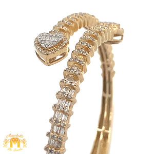 Yellow Gold and Diamond Twin Heart Bangle Bracelet with Baguette and Round Diamonds