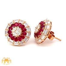 Load image into Gallery viewer, VVS/vs high clarity diamonds set in a 18k Gold Pear Cut Ruby Stone Circle Earrings with Baguette and Round Diamonds