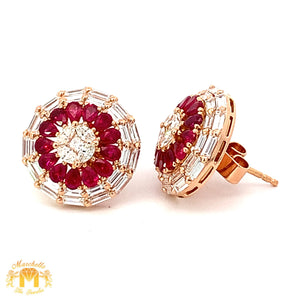 VVS/vs high clarity diamonds set in a 18k Gold Pear Cut Ruby Stone Circle Earrings with Baguette and Round Diamonds