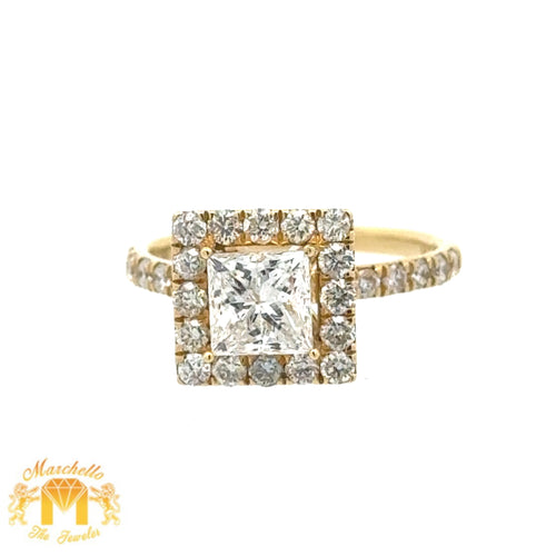 18k Yellow Gold and Diamond Square Shaped Engagement Ring with Round and Princess Cut Diamonds
