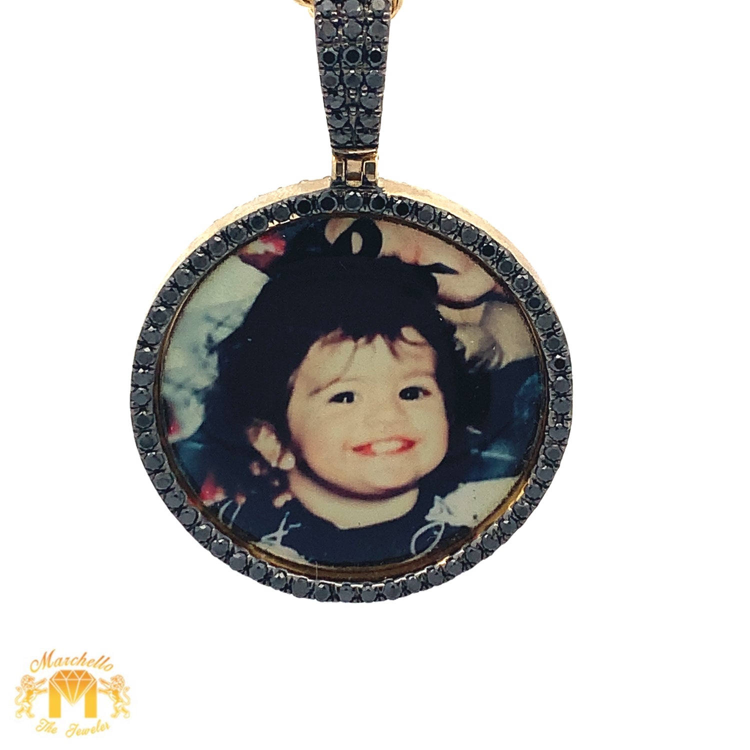 14k Yellow Gold Memory Picture Pendant with Black and White Round Diamonds