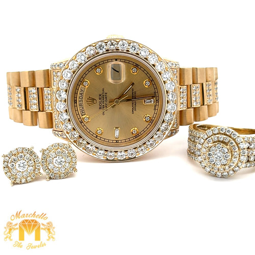 4 piece deal: 36mm 18k Gold Presidential Rolex Diamond Watch (XL Bezel measures 40mm) + 3.40ct diamonds 14k Gold Men`s Ring + 14k Gold and Diamond Earrings + Gift from MTJ