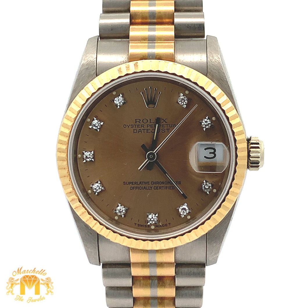 Full Factory 31mm 18k Tri-color Rolex Diamond Watch (champagne dial with diamonds)
