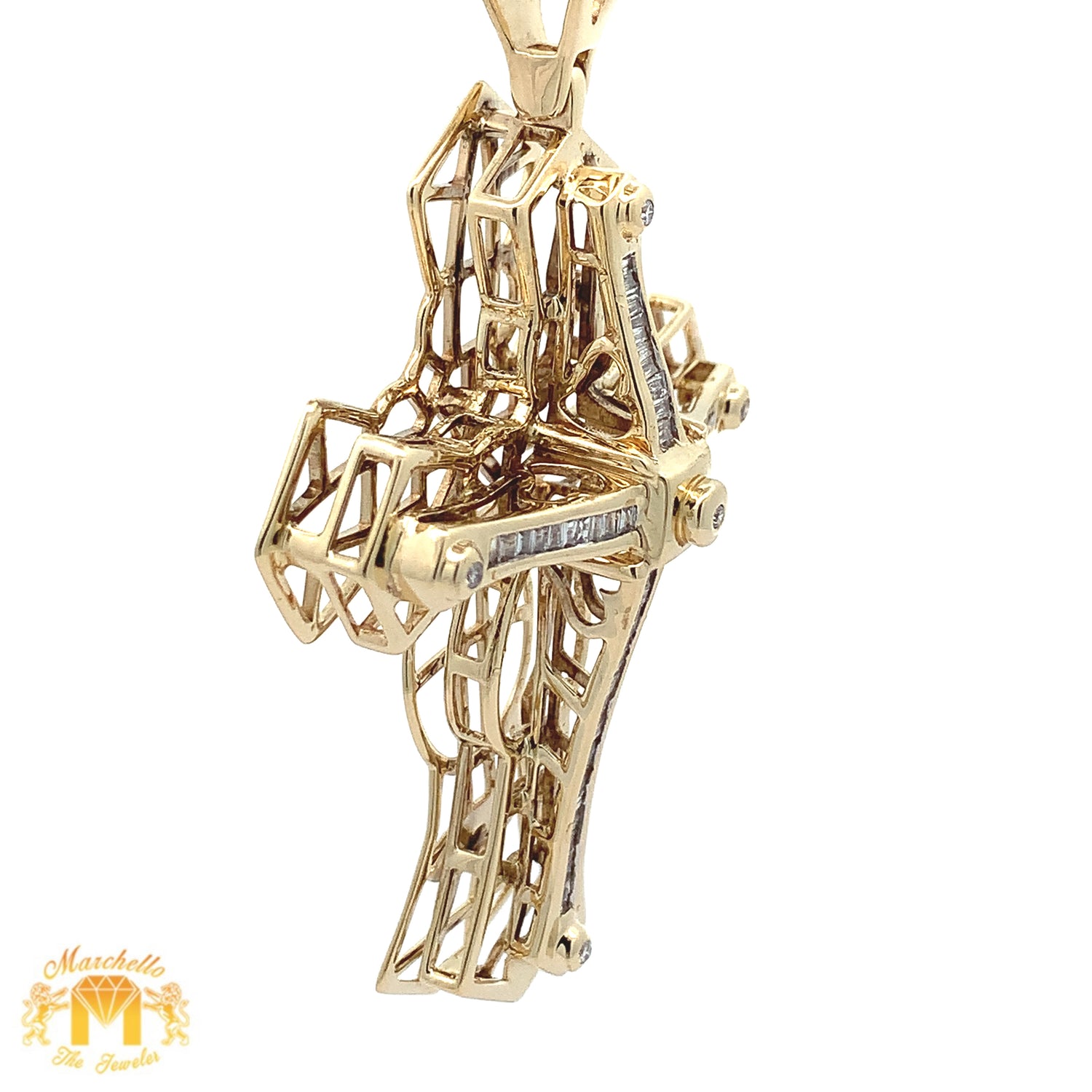 Yellow Gold and Diamond Cross Pendant with Baguette and Round Diamonds