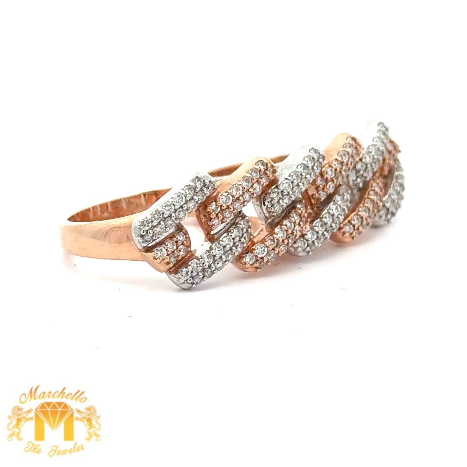 14k Two-Tone: Rose and White Gold and Diamond Two Finger Ring with Round Diamonds