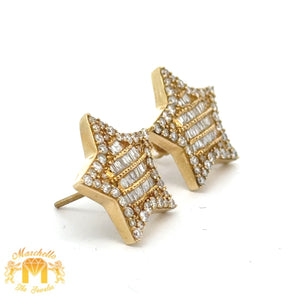14k Yellow Gold and Diamond XL Star Earrings with Baguette and Round Diamonds