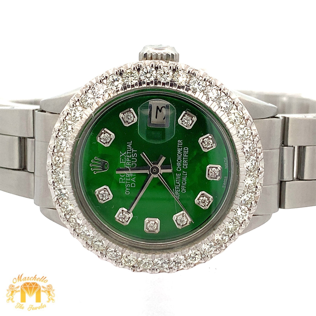 26mm Ladies` Rolex Watch with Stainless Steel Oyster Bracelet (diamond bezel, diamond green mother of pearl (MOP)dial)