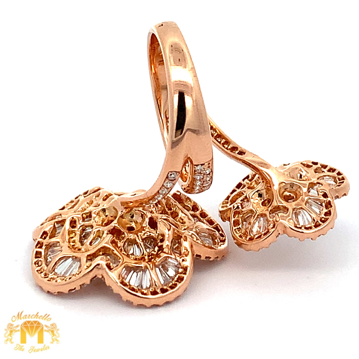 4.03ct VVS/vs high clarity diamonds set in a 18k Rose Gold Flower Ring with Round and Baguette Diamonds