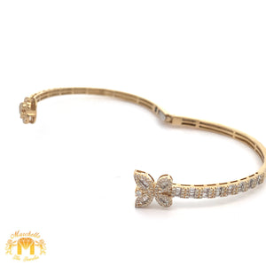 Yellow Gold and Diamond Butterfly & Heart Bangle Bracelet with Round and Baguette Diamonds