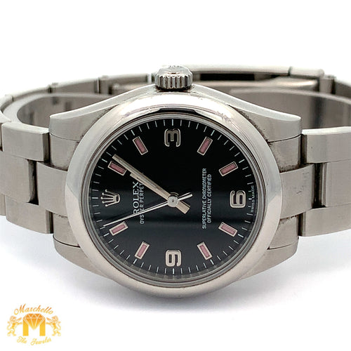 31mm Rolex Watch with Stainless Steel Oyster Bracelet (black dial with pink hour markers)(engraved model)