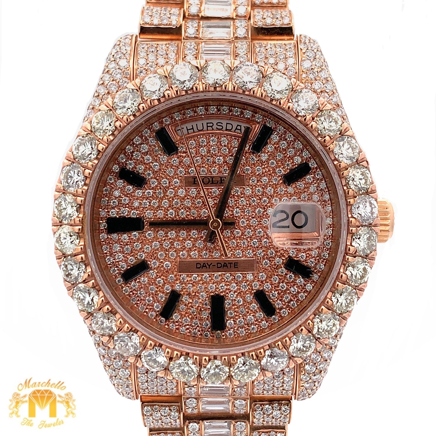 41mm 18k Rose Gold Iced out Rolex Presidential Watch with Baguettes and Round Diamonds