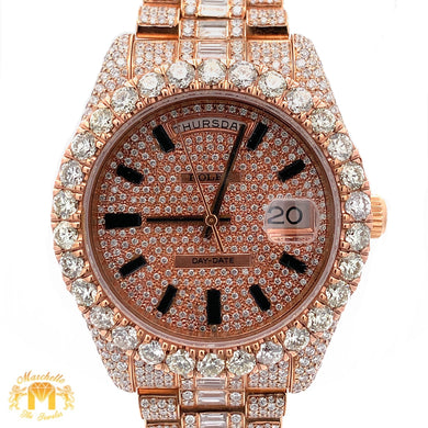 41mm 18k Rose Gold Iced out Rolex Presidential Watch with Baguettes and Round Diamonds