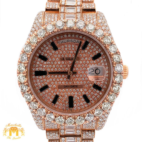 41mm 18k Rose Gold Iced out Rolex Presidential Watch with Baguettes and Round Diamonds