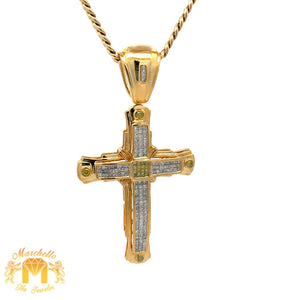 14k Yellow Gold and Diamond Cross Pendant and Yellow Gold Cuban Chain