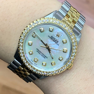 34mm Rolex Diamond Watch with Two-Tone Jubilee Bracelet (Mother of Pearl (MOP) diamond dial)