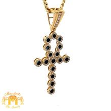 Load image into Gallery viewer, 14k Yellow Gold and Diamond Ankh Pendant with Sapphire &amp; Round Diamonds and Yellow Gold Cuban Link Chain