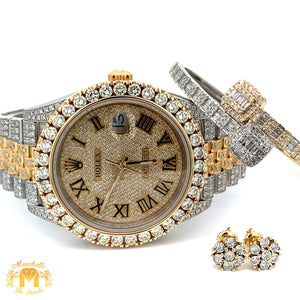 4 piece deal: 41mm Iced out 18k Gold Rolex Watch with Two-Tone Jubilee Bracelet +  Two-tone Gold Twin Squares Cuff Diamond Bracelet + Flower Diamond Earrings Set + Gift from Marchello the Jeweler