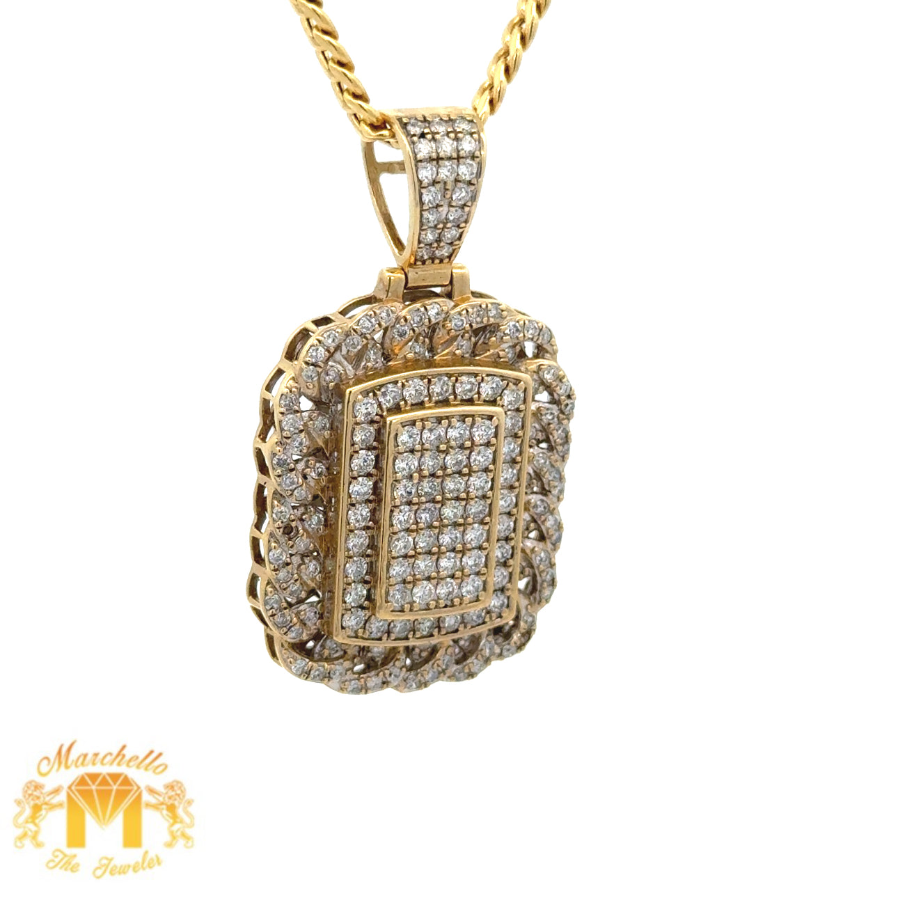14k yellow gold and diamond Rectangle shaped Pendant and Yellow Gold Cuban Chain