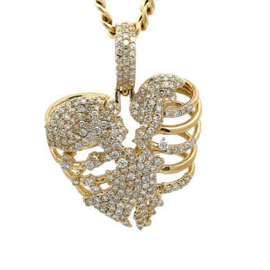 14k Gold Skeleton Heart Pendant with Round Diamonds and Gold Cuban Link Chain Set (choose your color) (VALENTINE`S DAY SPECIAL)