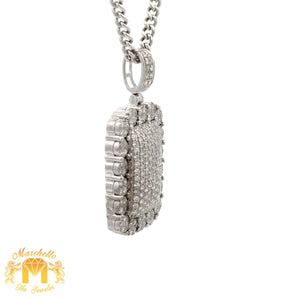 14k white gold and diamond Rectangle shaped Pendant and White Gold Cuban Link Chain