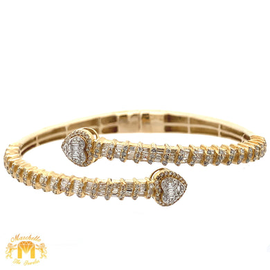 Yellow Gold and Diamond Twin Heart Bangle Bracelet with Baguette and Round Diamonds