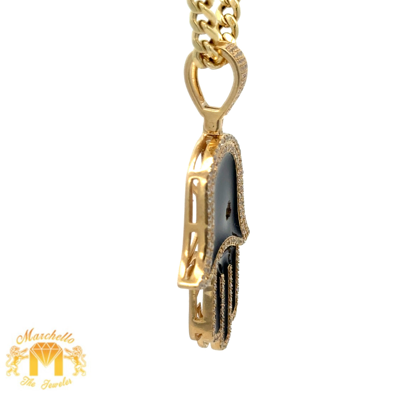 14k Yellow Gold Onyx and Diamond Hamsa Pendant and Yellow Gold Cuban Link Chain