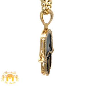 14k Yellow Gold Onyx and Diamond Hamsa Pendant and Yellow Gold Cuban Link Chain