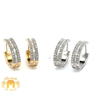 14k Gold and Diamond Hoop Earrings with Baguette and Round Diamonds (choose your color)