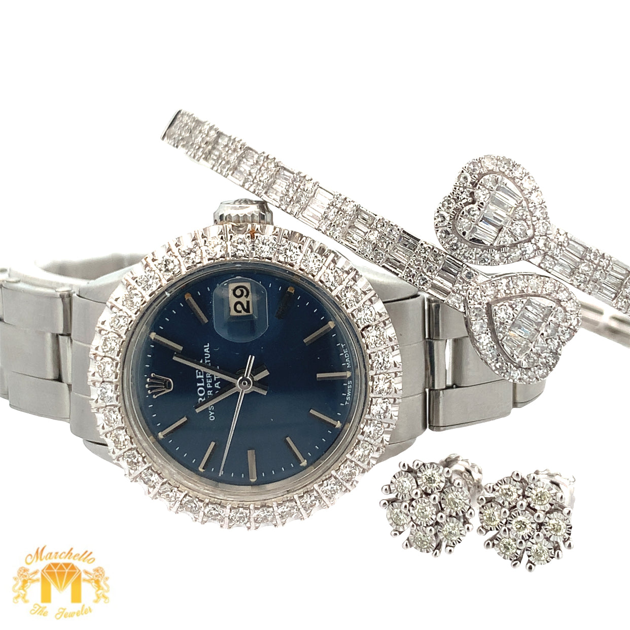 4 piece deal: Ladies`26mm Rolex Diamond Watch with Stainless Steel Oyster Band + White Gold & Diamond Twin Heart Bangle + White Gold & Diamond Flower Earrings + Gift