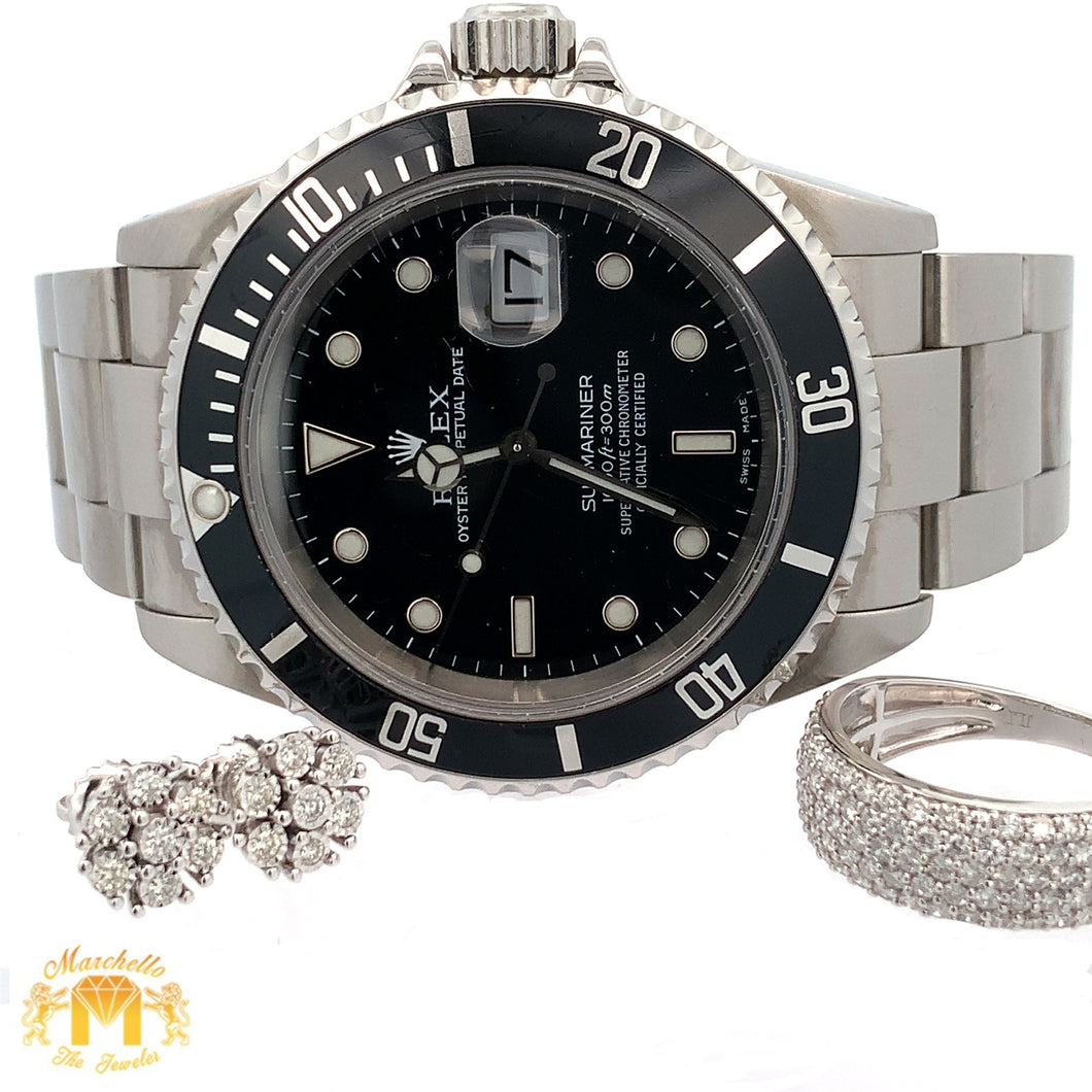 4 piece deal: 40mm Rolex Submariner Black Face Watch with Stainless Steel Oyster Bracelet + White Gold and Diamond Ring + Flower Diamond Earrings + Gift from Marchello the Jeweler