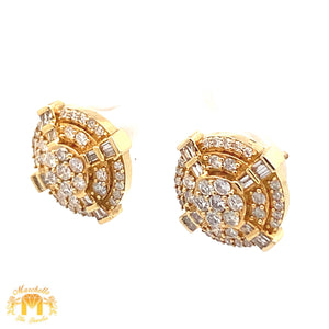 14k Yellow Gold and Diamond Round Earrings with Baguette and Round diamonds