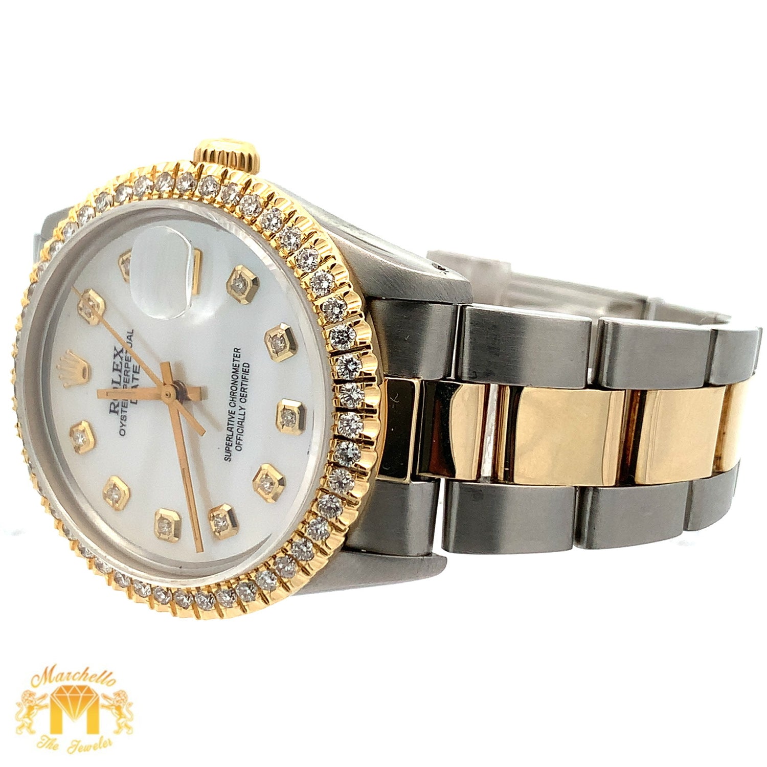 34mm Rolex Watch with Two-Tone Oyster Bracelet (Mother of pearl (MOP) dial with diamonds)