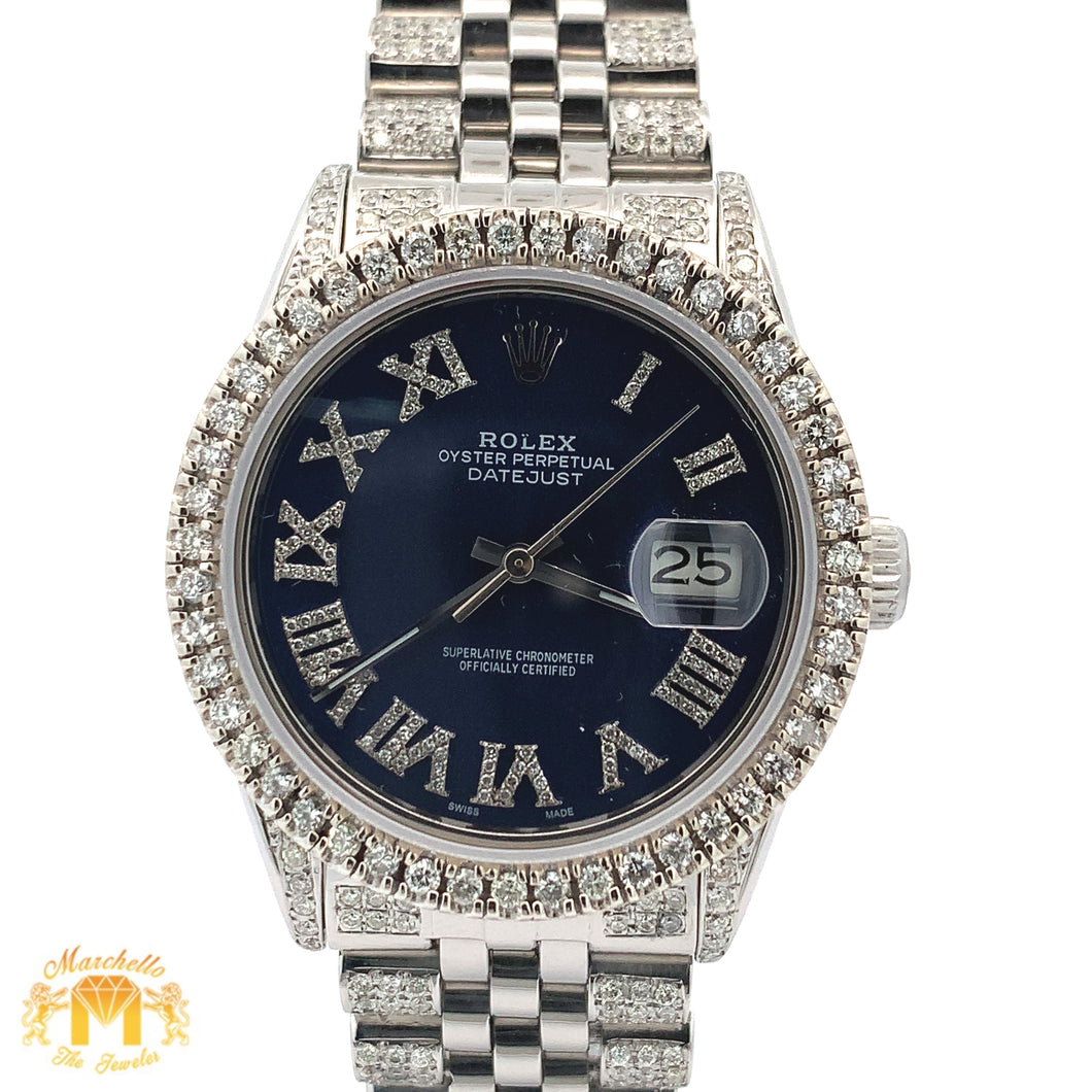 7ct Diamond Iced out 36mm Rolex Watch with Stainless Steel Jubilee Bracelet (blue dial with diamonds)
