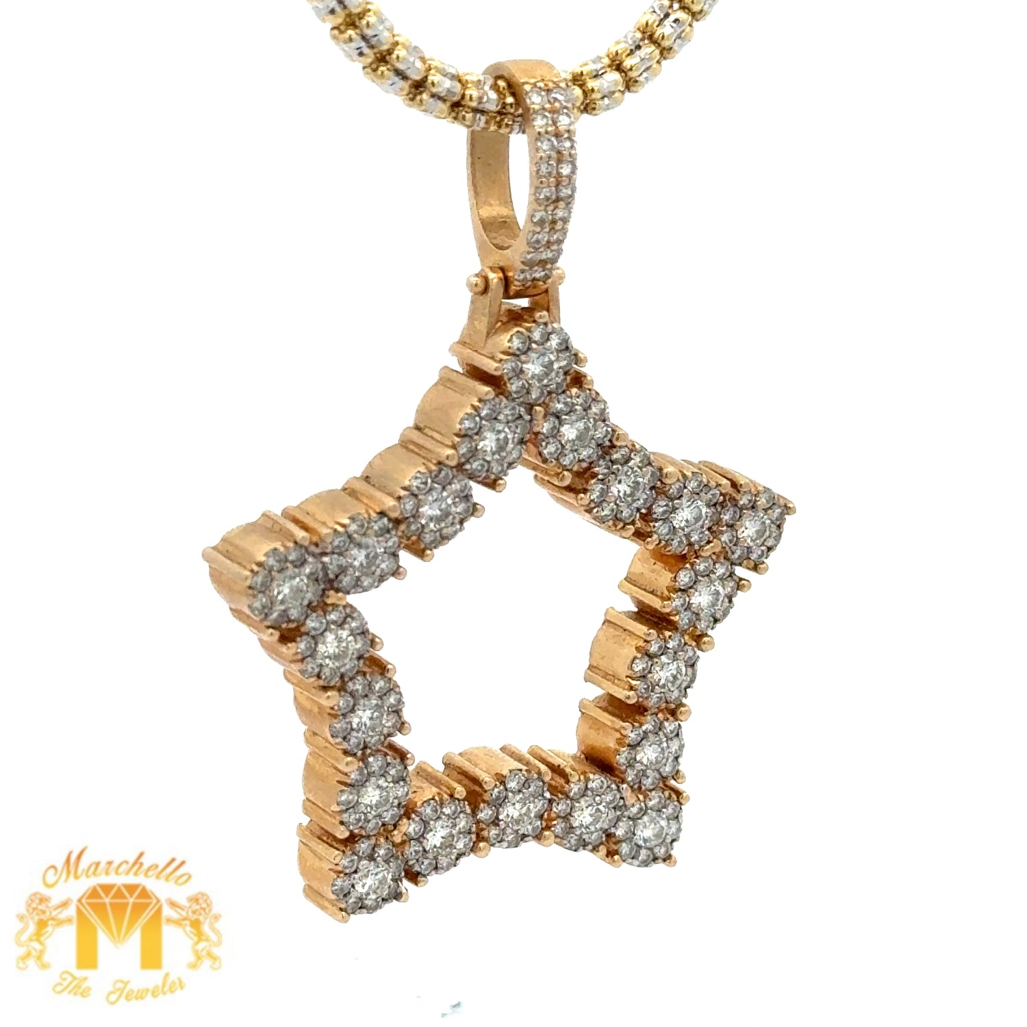 3ct Diamonds 14k Yellow Gold Extra Large Star Pendant with Round Diamonds and Yellow Gold 3mm Ice Link Chain Set