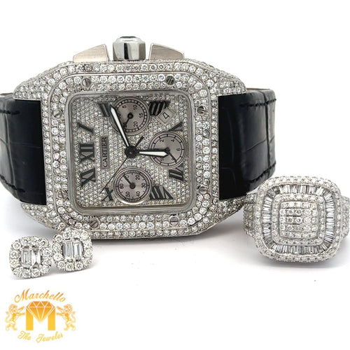4 piece deal: 42mm Cartier Diamond Watch with leather band+ 14k White Gold and Diamond Ring + Earrings + Gift from MTJ