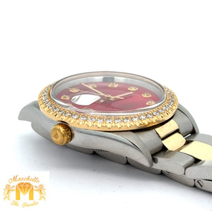 34mm Rolex Diamond Watch with Two-Tone Oyster Bracelet (diamond red mother of pearl dial, diamond bezel)