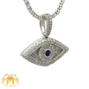 14k White Gold and Diamond Evil Eye Pendant and 2mm Ice Link Chain Set