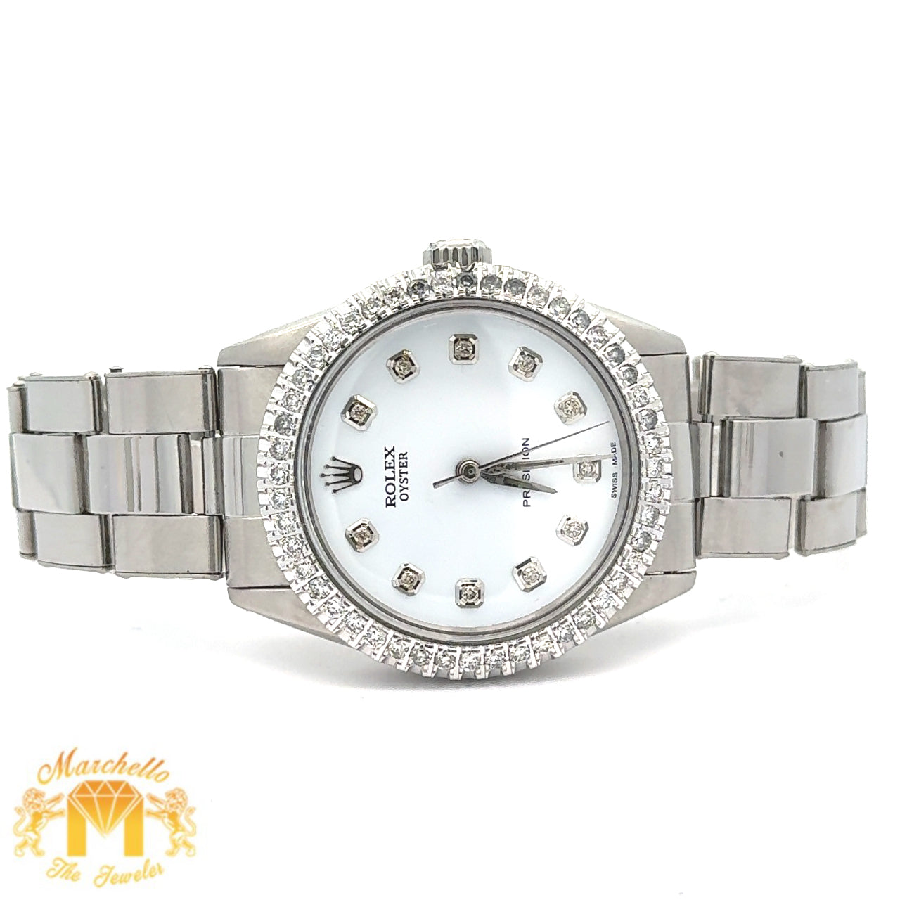 4 piece deal: 34mm Rolex Diamond Watch + White Gold and Diamond Twin Square Bangle + Flower Earrings + Gift from MTJ
